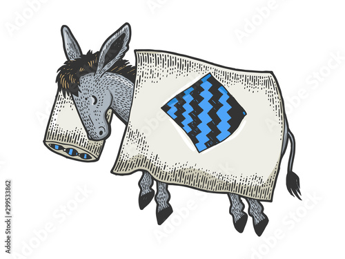 Cartoon funny sleeping donkey sketch engraving vector illustration. T-shirt apparel print design. Scratch board style imitation. Black and white hand drawn image.