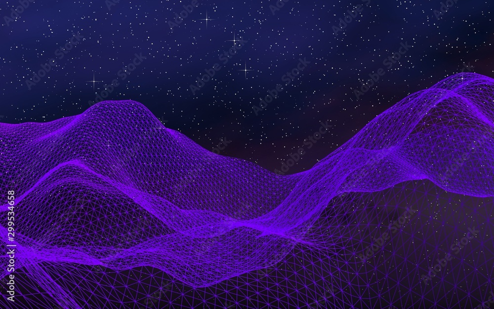 Fototapeta Abstrakcjonistyczny ultrafioletowy krajobraz na ciemnym tle. Fioletowa siatka cyberprzestrzeni. cześć sieć technologiczna. Przestrzeń kosmiczna. Fiołkowa gwiaździsta przestrzeń kosmiczna tekstura. Ilustracja 3D