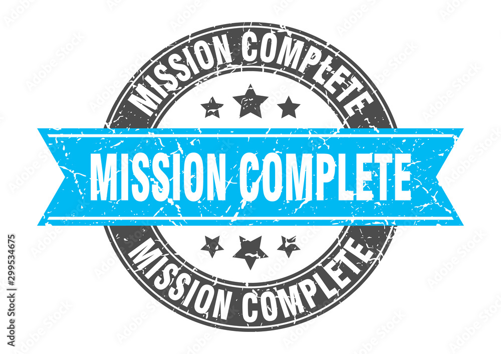 mission complete round stamp with turquoise ribbon. mission complete