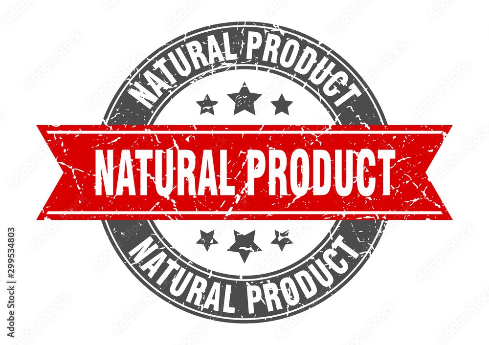 natural product round stamp with red ribbon. natural product