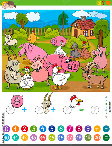 counting and adding task with cartoon farm animals