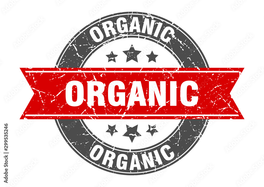 organic round stamp with red ribbon. organic