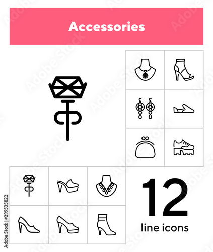 Accessories line icon set. Shoes, purse, necklace. Fashion concept. Can be used for topics like style, trend, jewelry