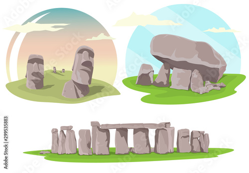 Fototapeta Famous travel locations, Stonehenge, Easter island and Brownshill dolmen