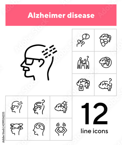 Alzheimer disease line icon set. Brain, bad memory, pills. Health concept. Can be used for topics like mental disorder, senility, symptoms