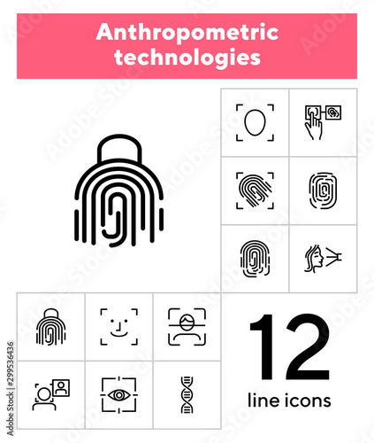 Anthropometric technologies line icon set. Scanning, identification, genes. Authentication concept. Can be used for topics like comparative analysis, criminology, forensics
