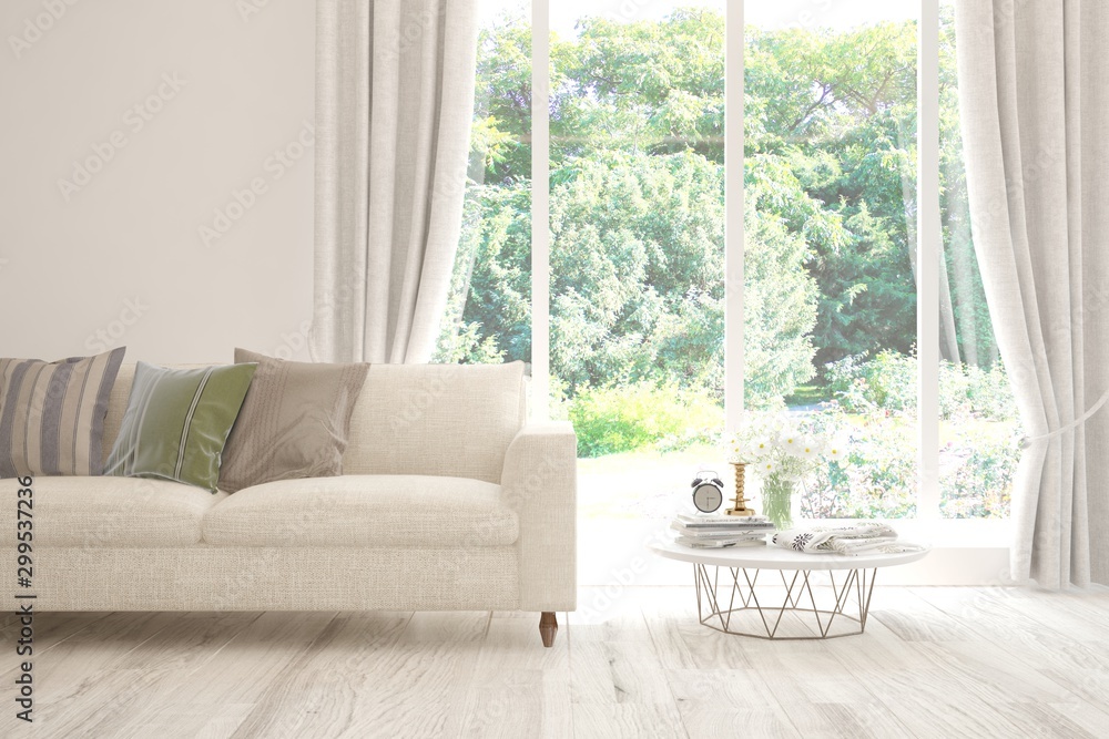 Fototapeta premium Stylish room in white color with sofa and summer landscape in window. Scandinavian interior design. 3D illustration