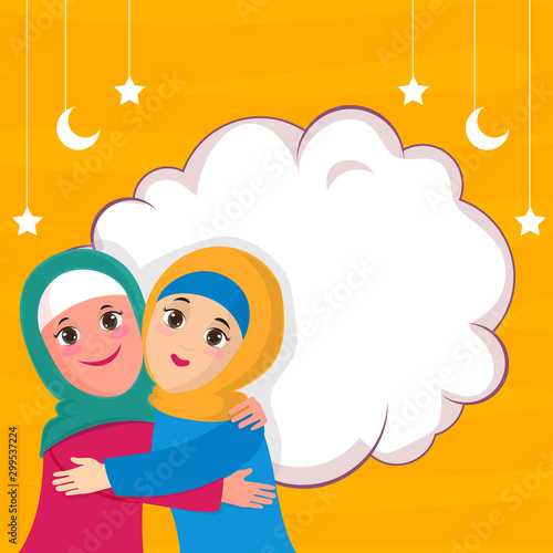 Islamic women hugging each other for Eid.
