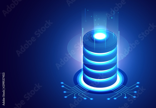 Big data storage and cloud computing technology, machine learning, artificial intelligence concept. Data center room with abstract data servers and glowing led indicators photo