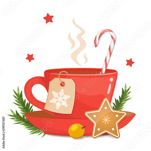 Red cup with star shaped christmas cookie, hard candy cane striped and Christmas label with snowflake. Vector illustration.