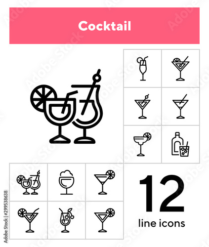 Cocktail line icon set. Vermouth, margarita, pina colada. Alcoholic drinks concept. Can be used for topics like bar, party, celebration
