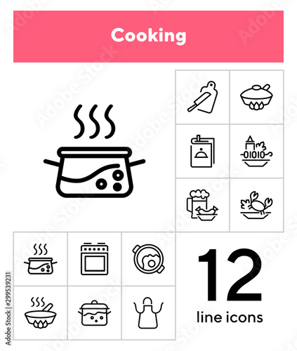 Cooking line icon set. Set of line icons on white background. Kitchenware concept. Knife, frying pan, stewing. Vector illustration can be used for topics like cooking, food, kitchen