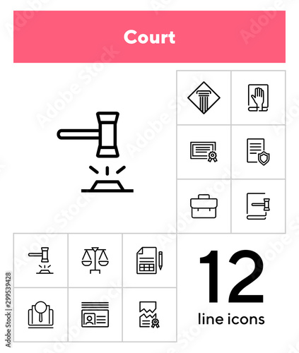 Court line icon set. Gavel, oath, scale. Law concept. Can be used for topics like courthouse, trial, crime