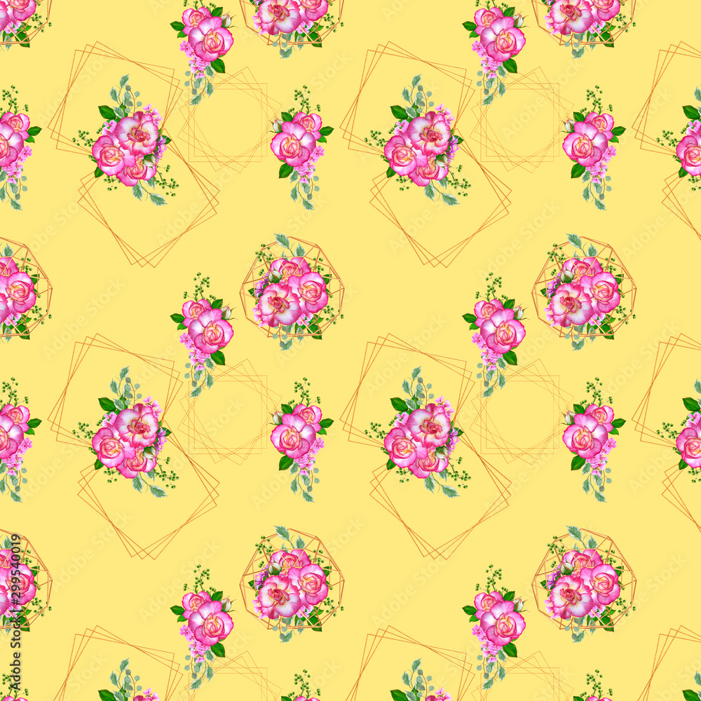 Seamless floral pattern, a bouquet of beautiful realistic pink roses, golden geometric shapes.