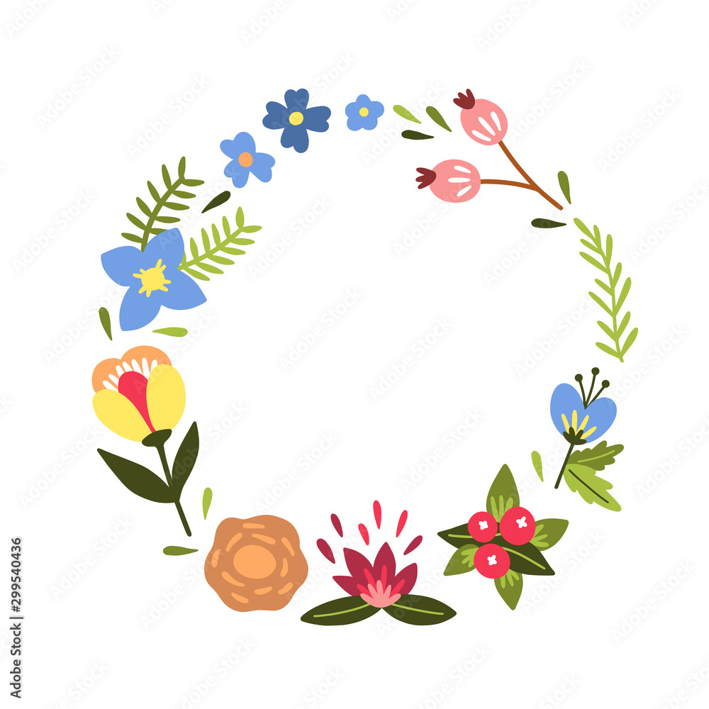 Fototapeta premium Floral wreath vector illustration isolated on white background. Elegant vintage style round frame with cute flowers and botanical elements