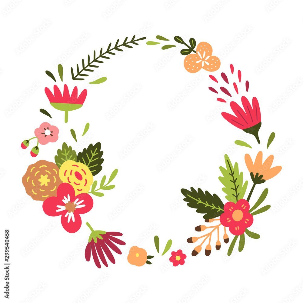 Romantic floral wreath vector illustration for wedding decoration. Beautiful frame with flowers, leaves, plants and branches