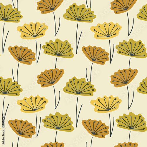 Vector Seamless background. Hand drawn simple stylized flowers and many stamens.