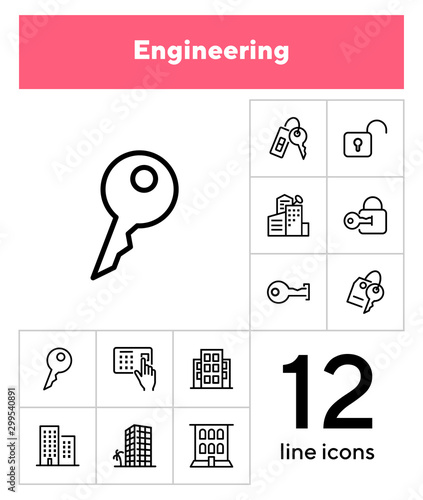 Engine line icon set. Set of line icons on white background. Equipment concept. Gear, drill, engineer, worker. Vector illustration can be used for topics like construction, repair, engineering