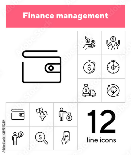 Finance management line icon set. Purse, earning, loan. Money concept. Can be used for topics like business, investment, saving, charity