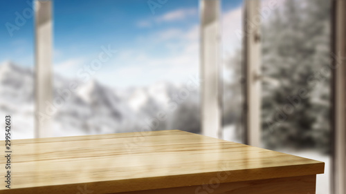 Table corner with space for your product. Blurry winter window with the door open. Beautiful landscape of snowy mountains and festive fir with snow covered branches. Place for your products or inscrip © magdal3na