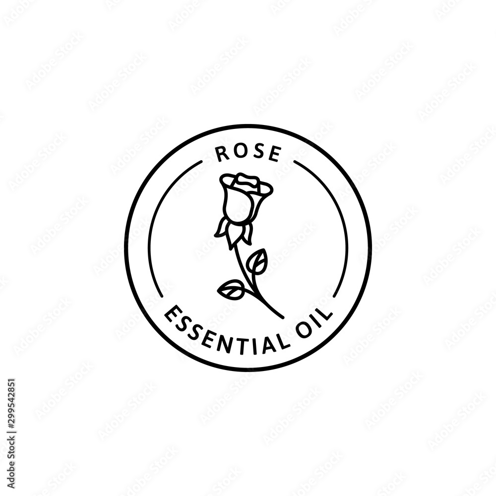 Rose essential oil icon in trendy linear style. Vector round badge oils for aromatherapy. Logo template for cosmetics Isolated on white background Rose essential oil icon in trendy linear style. Vector round badge oils for aromatherapy. Logo template for cosmetics Isolated on white background