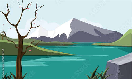 Nature landscape with lake and mountains.