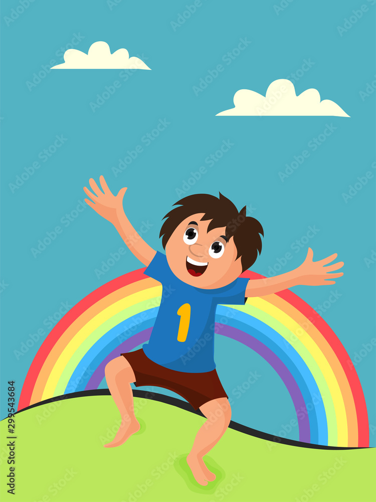 Little Boy dancing on rainbow background.