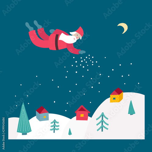 Merry Christmas tree flying Santa Night