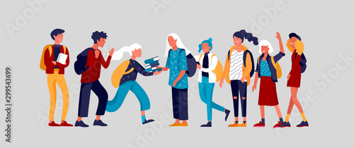 Happy teenagers and students. Group of friends character are laughing and talking. Stylish smiling teenage boys and girls. Young generation pupils