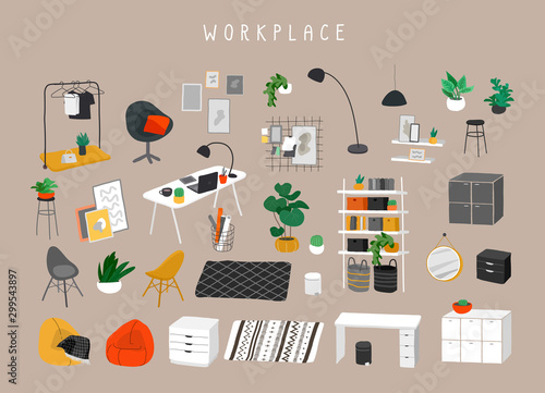 Set for workplace or home office with stylish comfy furniture and modern home decorations in trendy Scandinavian or hygge style. Cozy Interior furnished home plants. Flat cartoon vector