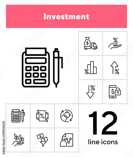 Investment line icon set. Encashment car, income, graph. Money concept. Can be used for topics like finance management, profit, banking