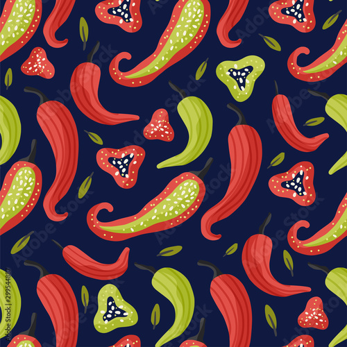 Red chili pepper vector flat seamless pattern. Hot spicy food vegan cartoon illustration. Mexican jalapeno spice.