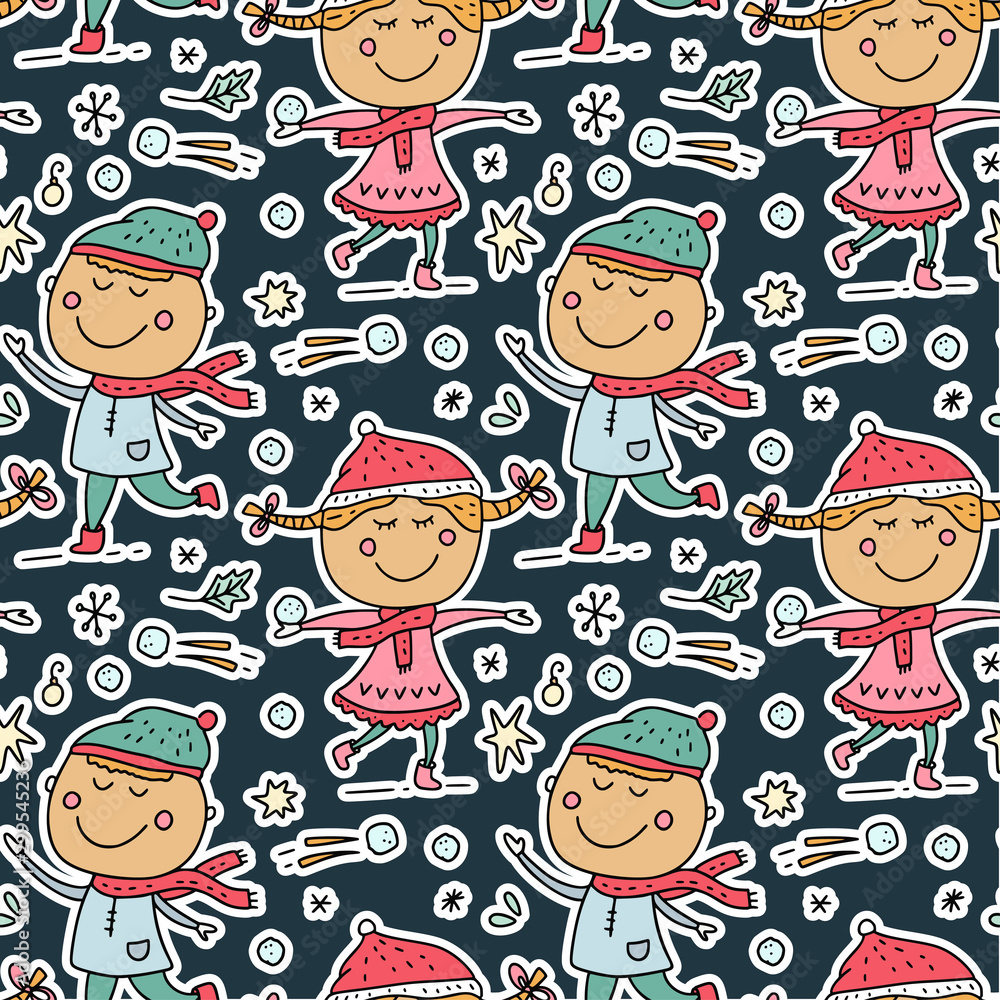 Seamless winter vector pattern in hand drawn doodle style. Christmas cute cartoon sticker illustration - girl and boy playing snow balls. Children season background. Seamless winter vector pattern in hand drawn doodle style. Christmas cute cartoon sticker illustration - girl and boy playing snow balls. Children season background.