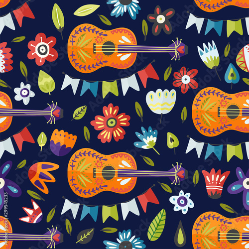 Seamless festival vector pattern with guitar and flowers. Colorful Mexican musical background, fiesta carnival symbol.