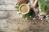 Christmas winter coffee cup  with marshmallow, Breakfast christmas morning concept. With xmas tree and decoration on rustic wooden background banner