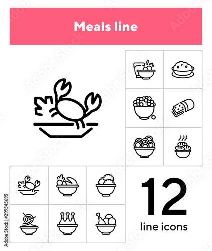 Meals line icon set. Bowl, chicken, Chinese noodle. Food concept. Can be used for topics like cooking, restaurant, dinner
