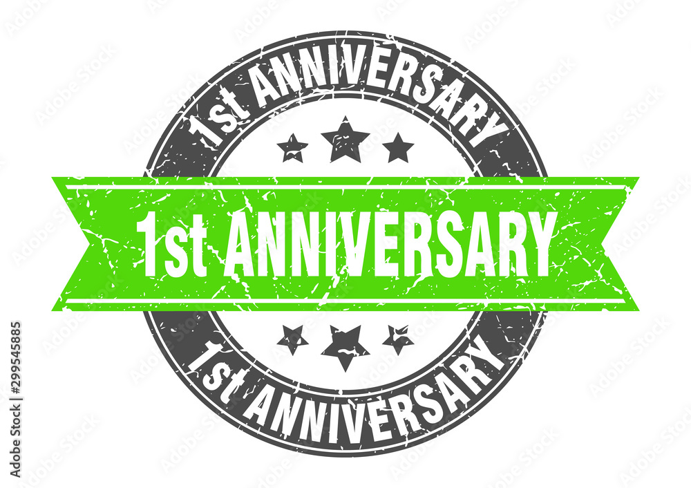 Obraz premium 1st anniversary round stamp with green ribbon. 1st anniversary
