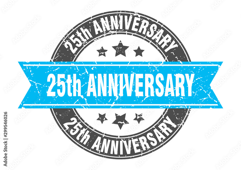 Fototapeta premium 25th anniversary round stamp with turquoise ribbon. 25th anniversary