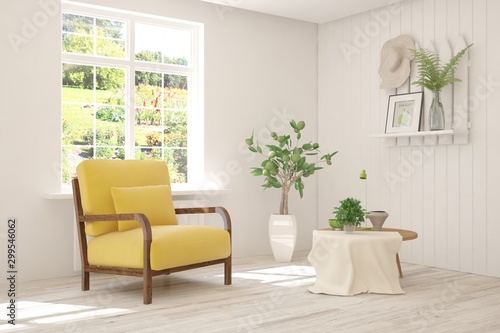 Stylish room in white color with armchair. Scandinavian interior design. 3D illustration