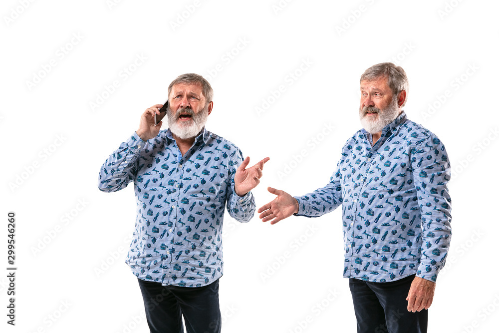 Senior man arguing with himself on white studio background. Concept of human emotions, expression, mental issues, internal conflict, split personality. Half-length portrait. Negative space. Talking. Senior man arguing with himself on white studio background. Concept of human emotions, expression, mental issues, internal conflict, split personality. Half-length portrait. Negative space. Talking.