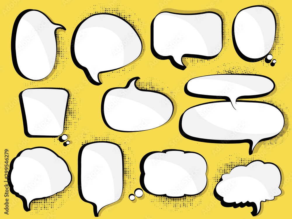 Fototapeta premium Blank empty white speech bubbles on yellow background.