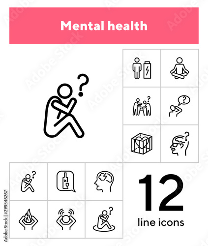 Mental health line icon set. Person, patient, brain, disease. Health concept. Can be used for topics like disorder, medical help, symptoms