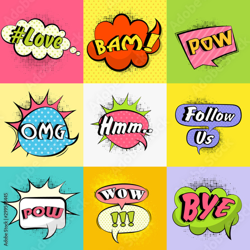 Set of comic speech bubbles with text.