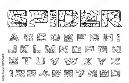 Spider font. Spiderman alphabet. Black letters on Red background.