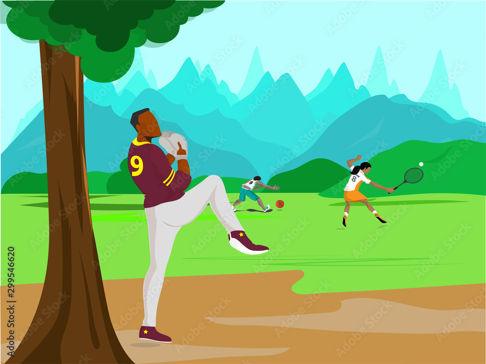 Different sports players on nature background.