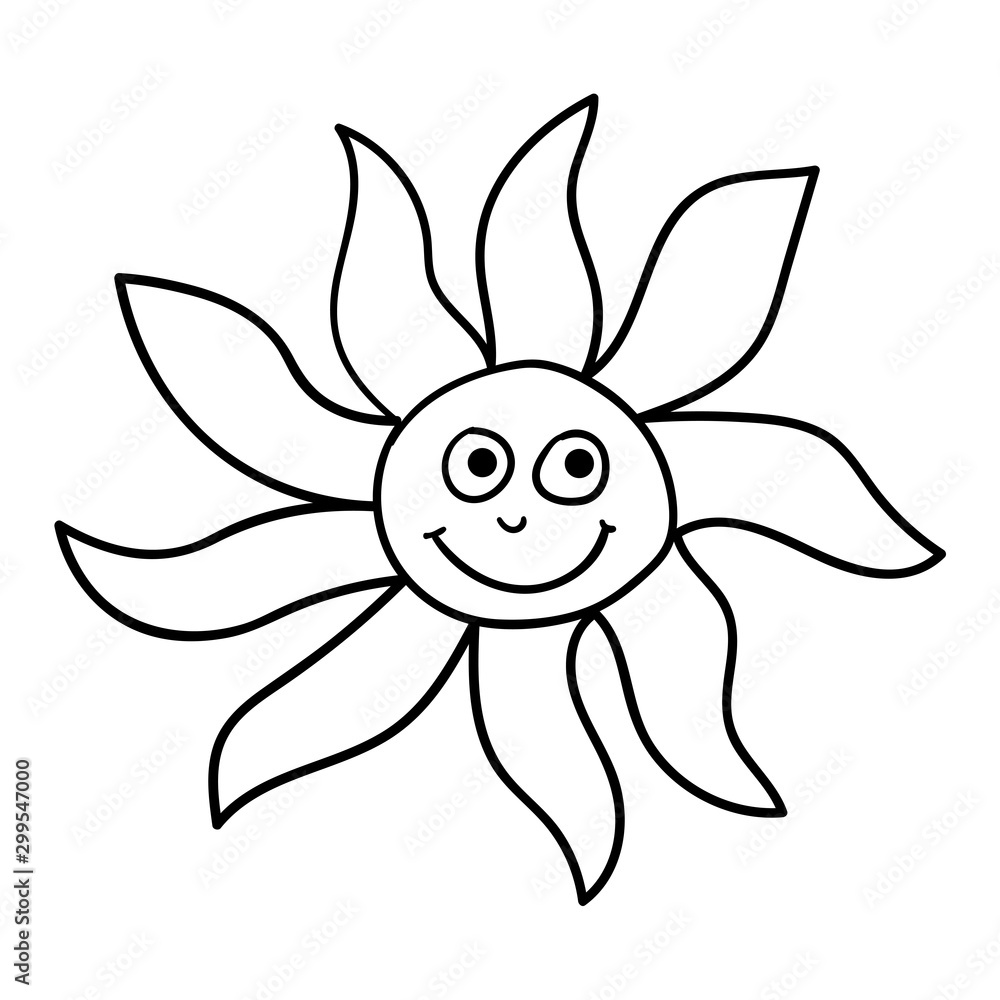 Cartoon linear doodle retro happy sun isolated on white background. Vector illustration.      