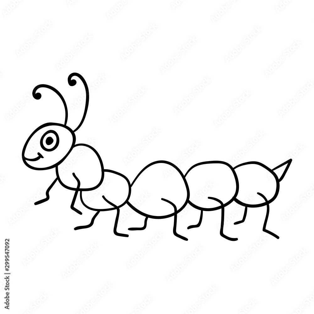 Fototapeta premium Cartoon linear doodle retro happy caterpillar isolated on white background. Vector illustration.