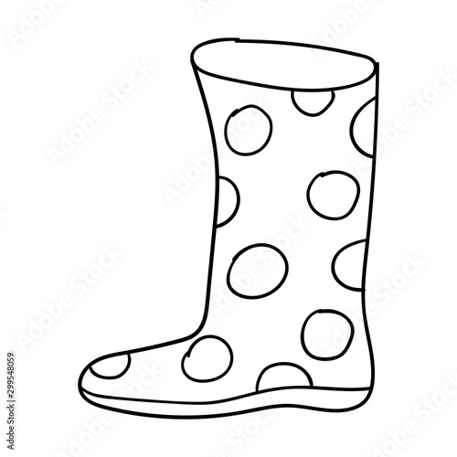 Cartoon linear doodle rubber boot with polka dot isolated on white background. Vector illustration.  