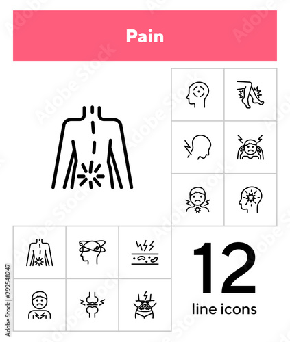 Pain line icon set. Headache, sore throat, stomach ache. Health care concept. Can be used for topics like illness, disease, symptoms