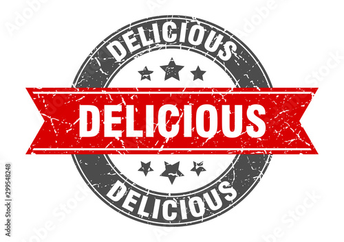 delicious round stamp with red ribbon. delicious